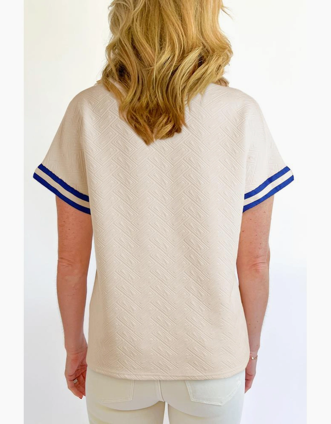 Beige Preppy Striped Trim Textured Quarter Zipper Colorblock Short Sleeve Top, 10 of 9