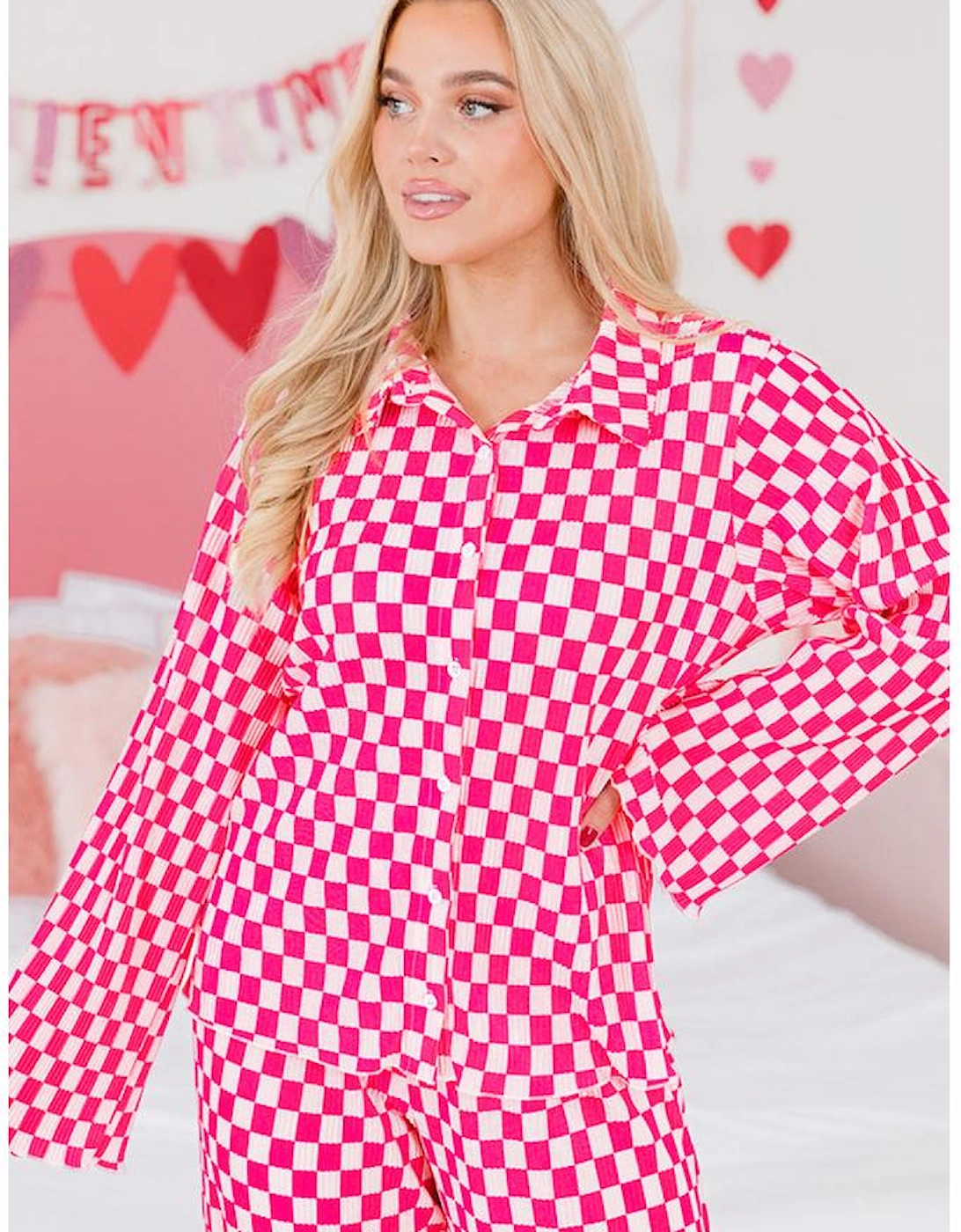 Pink Checkered Buttoned Shirt and High Waist Pants Pajama Set