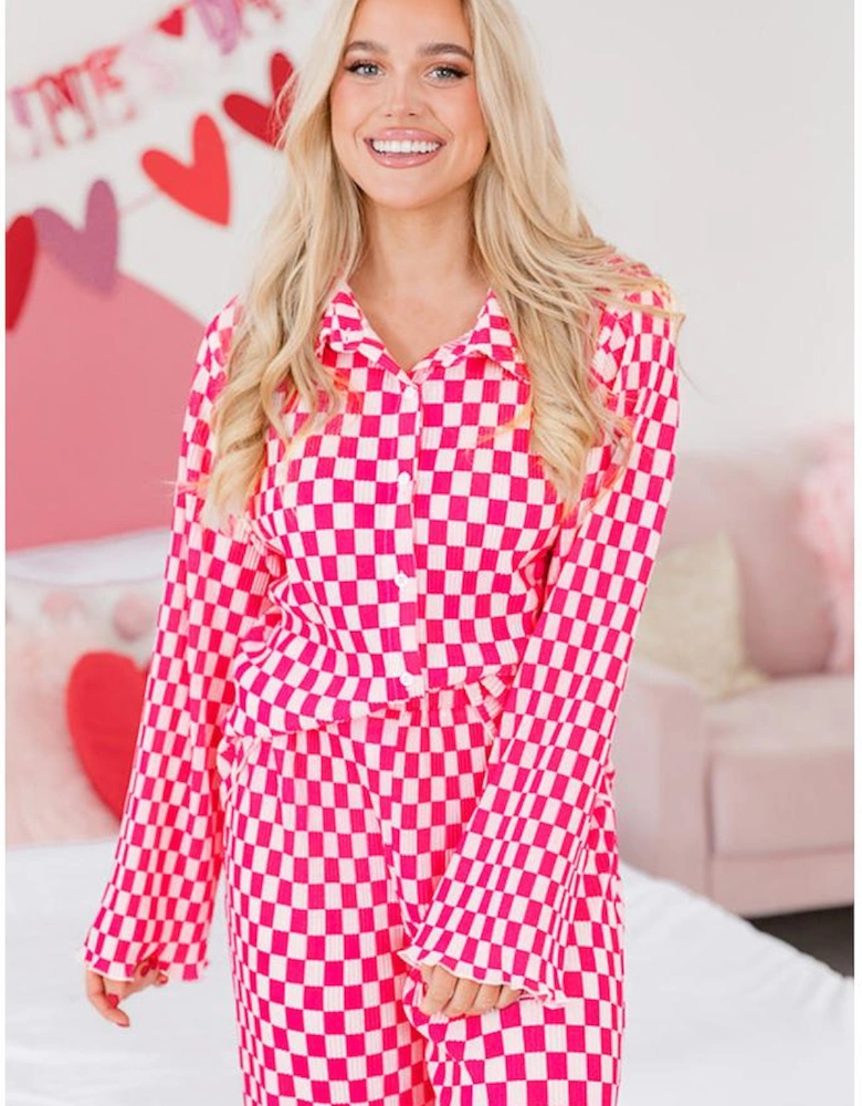 Pink Checkered Buttoned Shirt and High Waist Pants Pajama Set