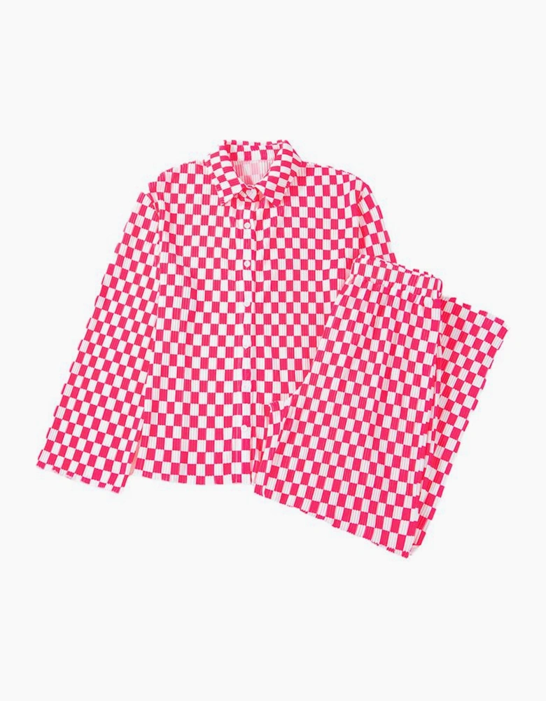 Pink Checkered Buttoned Shirt and High Waist Pants Pajama Set