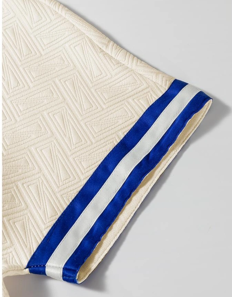 Beige Preppy Striped Trim Textured Quarter Zipper Colorblock Short Sleeve Top