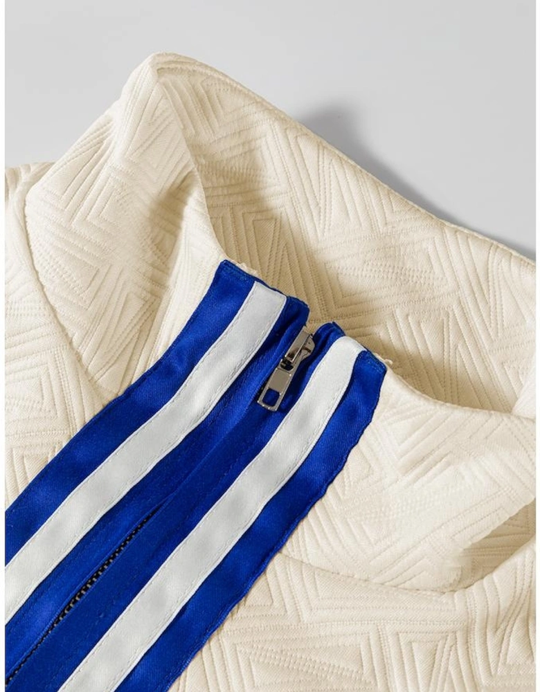 Beige Preppy Striped Trim Textured Quarter Zipper Colorblock Short Sleeve Top