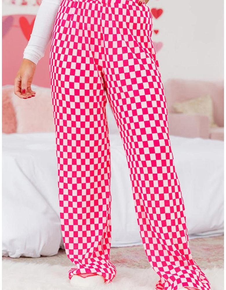 Pink Checkered Buttoned Shirt and High Waist Pants Pajama Set