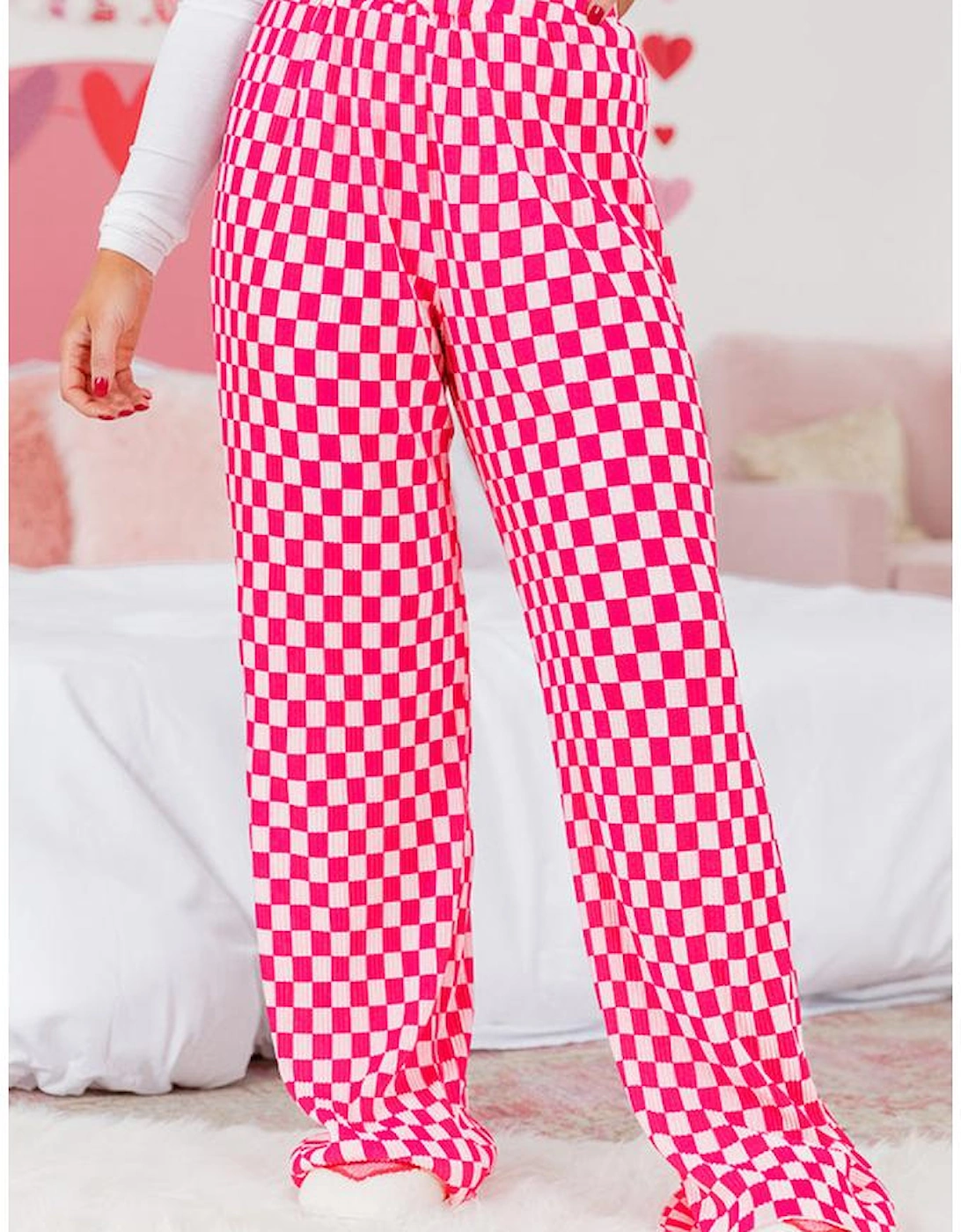 Pink Checkered Buttoned Shirt and High Waist Pants Pajama Set