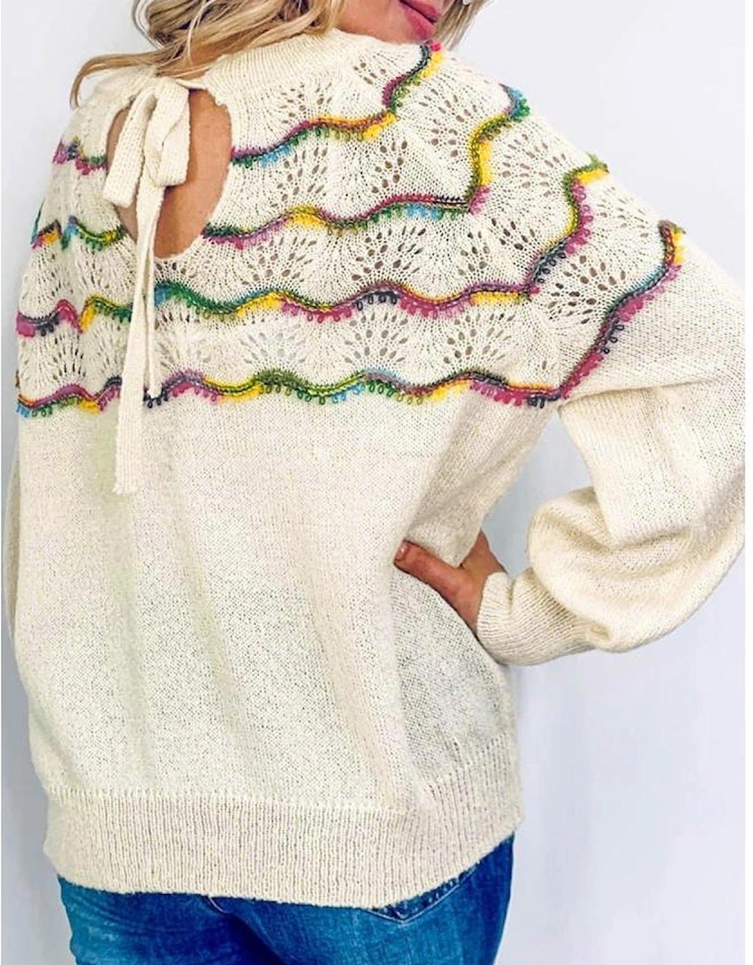 White Wavy Striped Pointelle Bishop Sleeve Sweater, 5 of 4