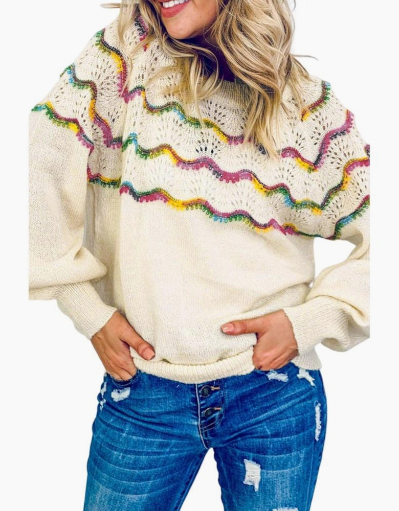 White Wavy Striped Pointelle Bishop Sleeve Sweater