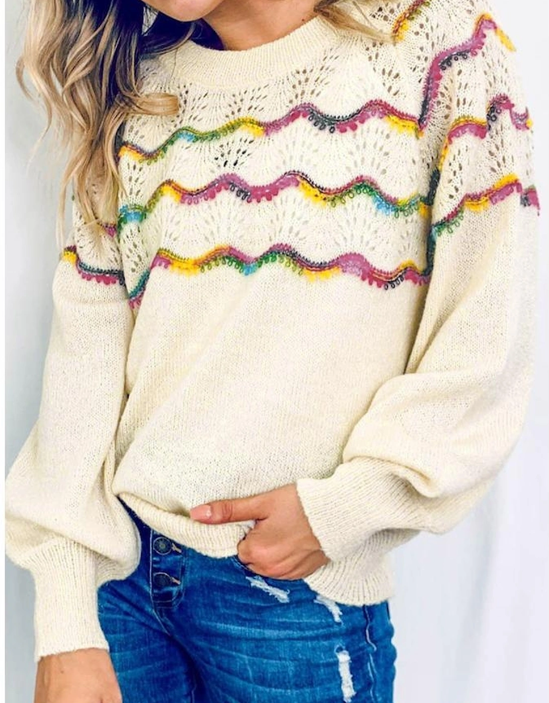 White Wavy Striped Pointelle Bishop Sleeve Sweater