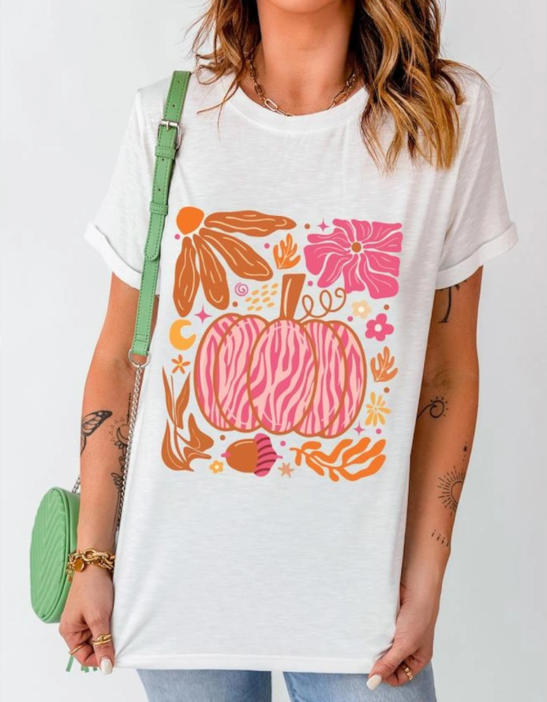 White Floral Pumpkin Printed Crewneck Thanksgiving T Shirt