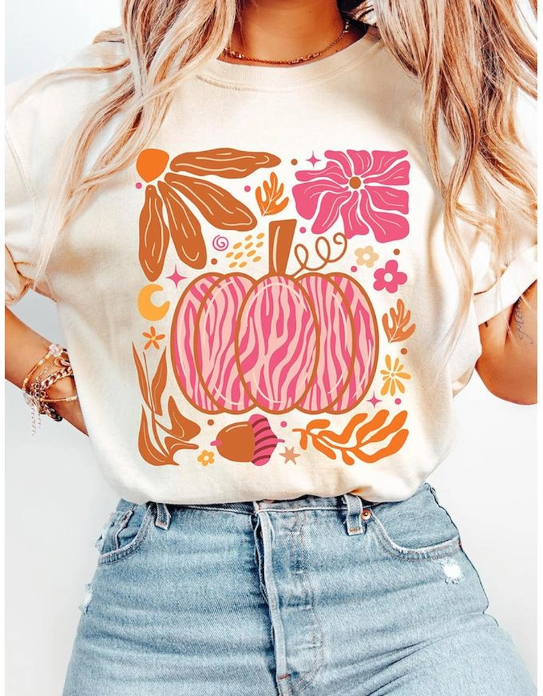 White Floral Pumpkin Printed Crewneck Thanksgiving T Shirt