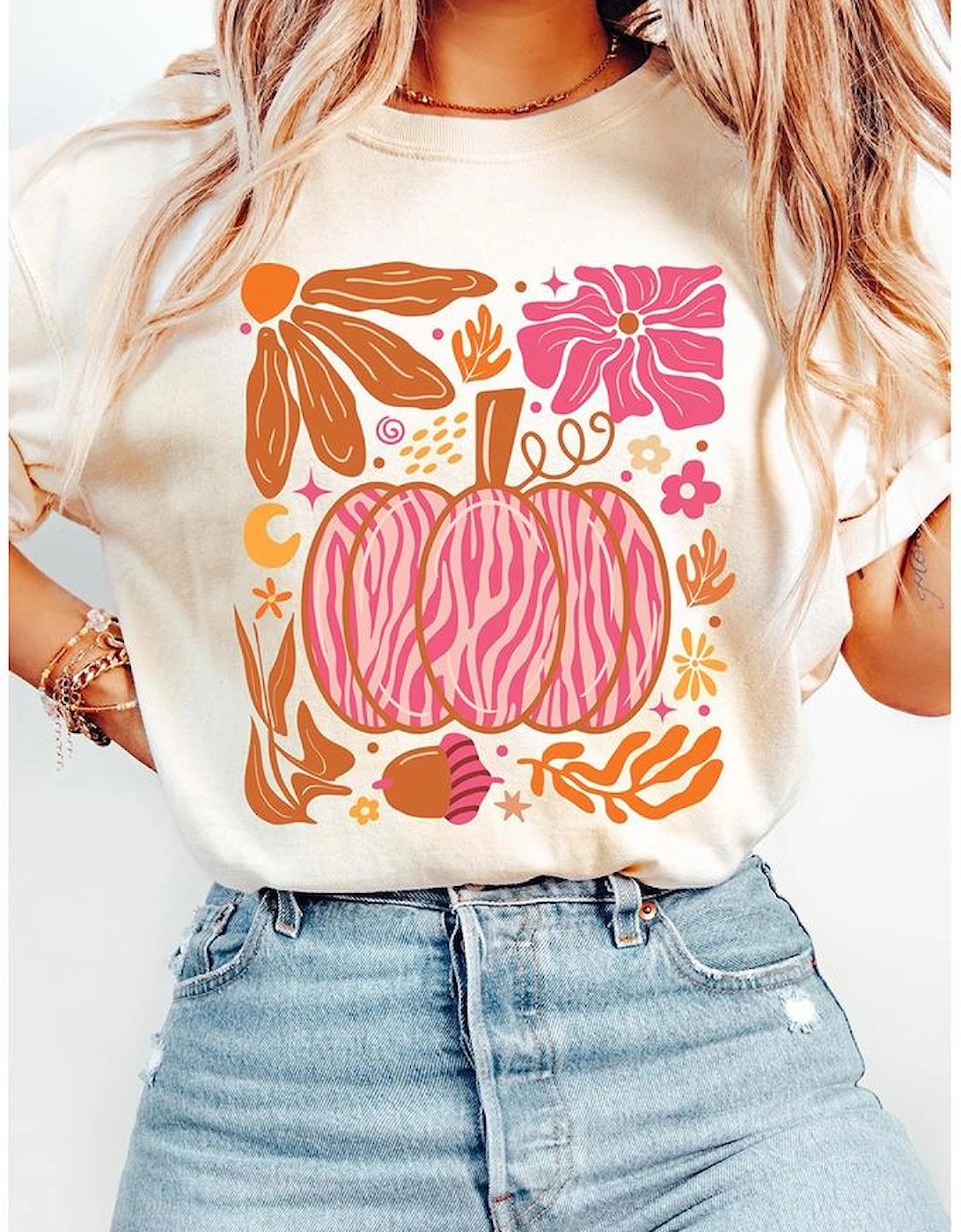 White Floral Pumpkin Printed Crewneck Thanksgiving T Shirt
