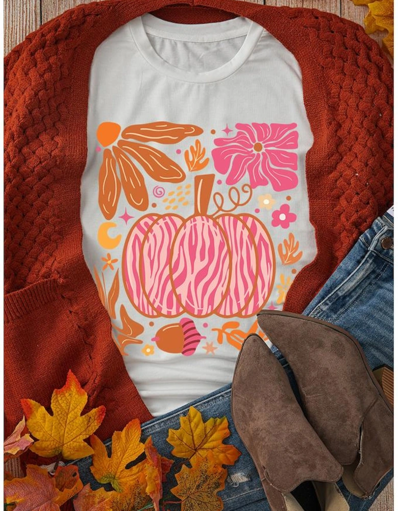 White Floral Pumpkin Printed Crewneck Thanksgiving T Shirt