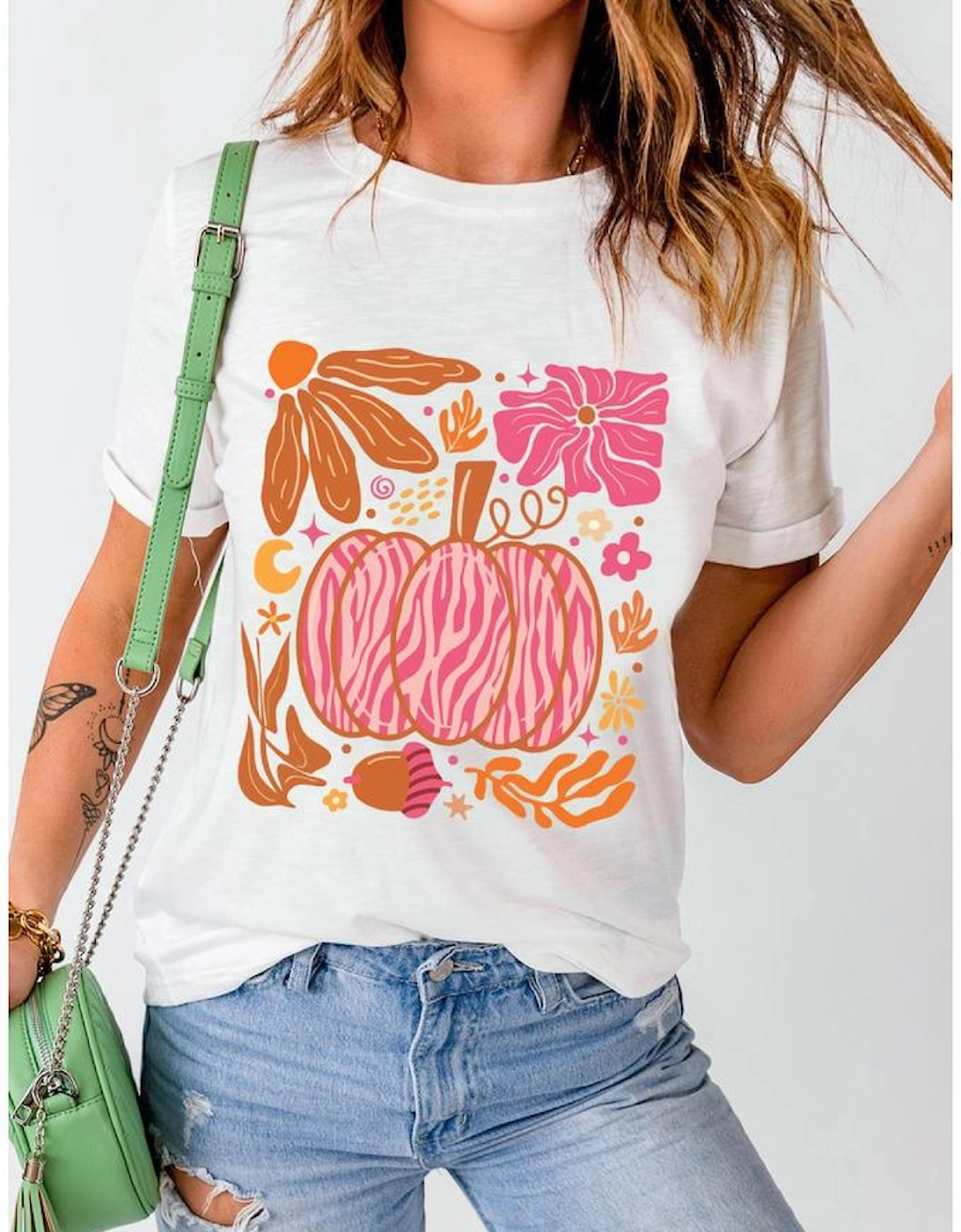White Floral Pumpkin Printed Crewneck Thanksgiving T Shirt, 8 of 7