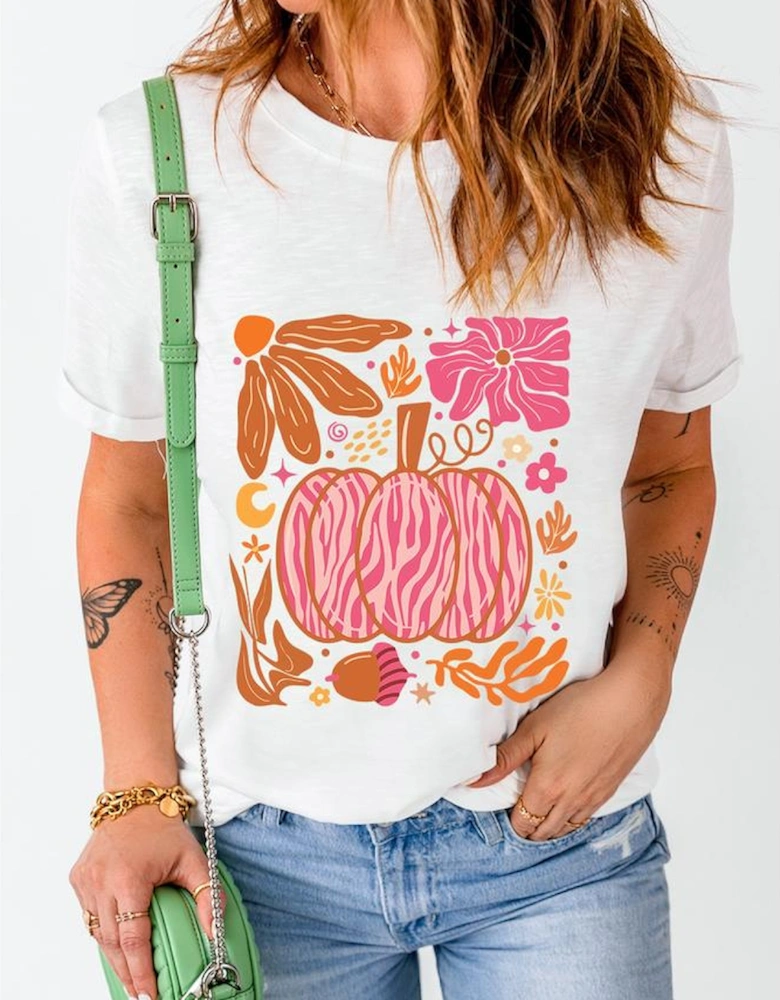White Floral Pumpkin Printed Crewneck Thanksgiving T Shirt