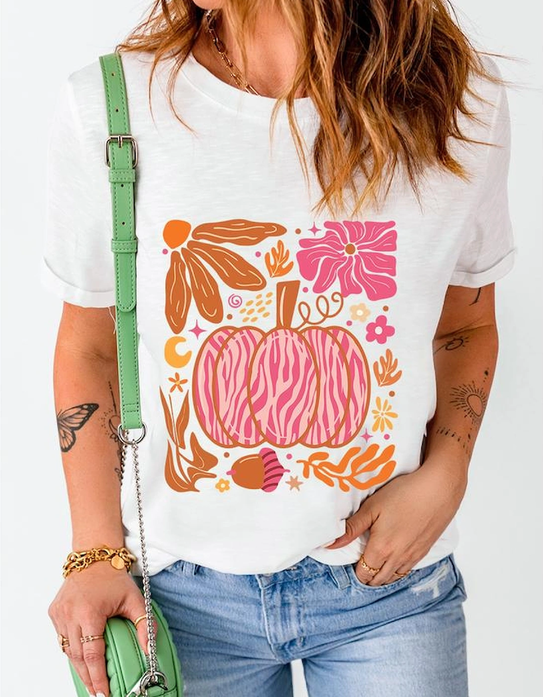 White Floral Pumpkin Printed Crewneck Thanksgiving T Shirt