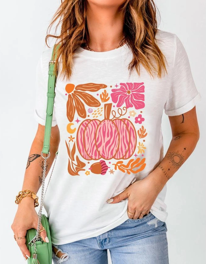 White Floral Pumpkin Printed Crewneck Thanksgiving T Shirt