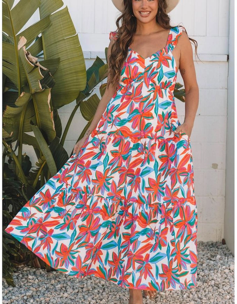 Red Boho Floral Ruffled Strap V Neck Maxi Dress