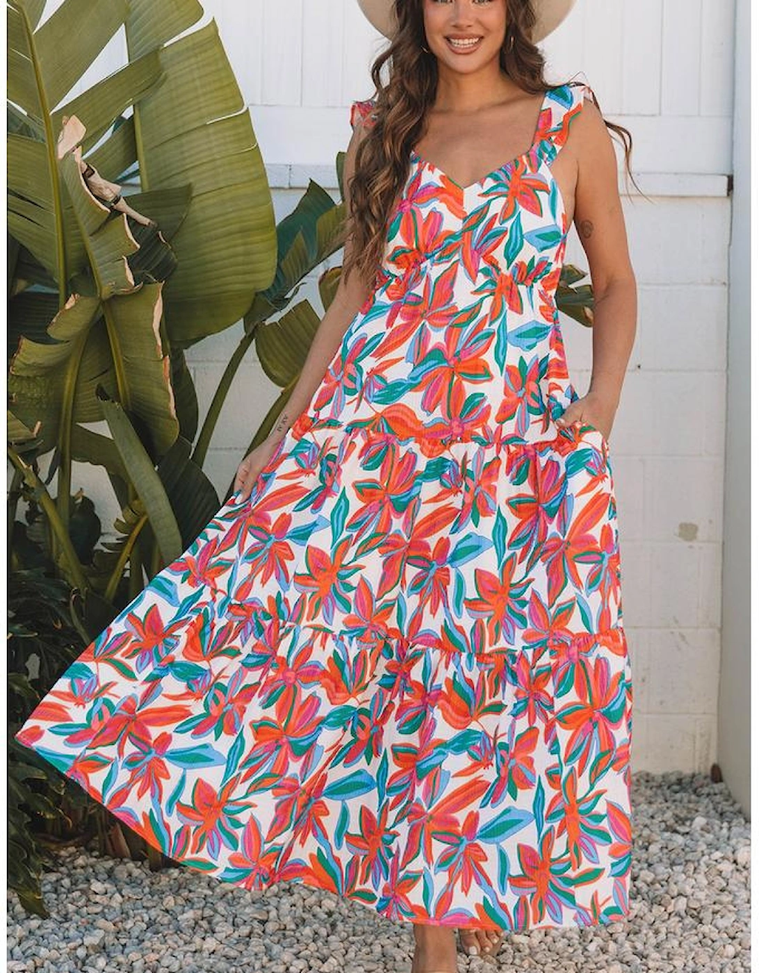 Red Boho Floral Ruffled Strap V Neck Maxi Dress