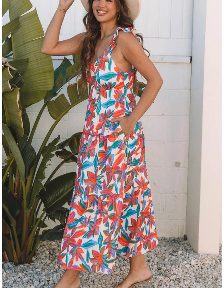 Red Boho Floral Ruffled Strap V Neck Maxi Dress