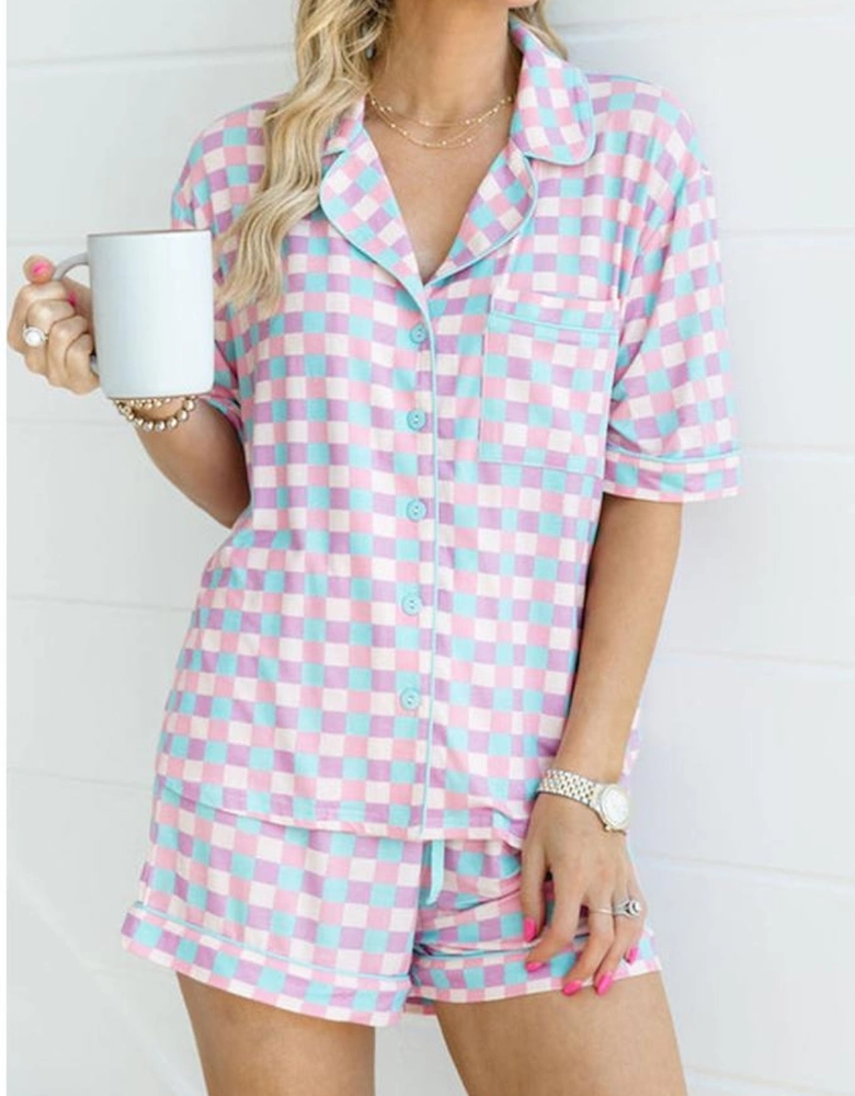 Purple Checkered Pattern Short Sleeve Pajamas Set