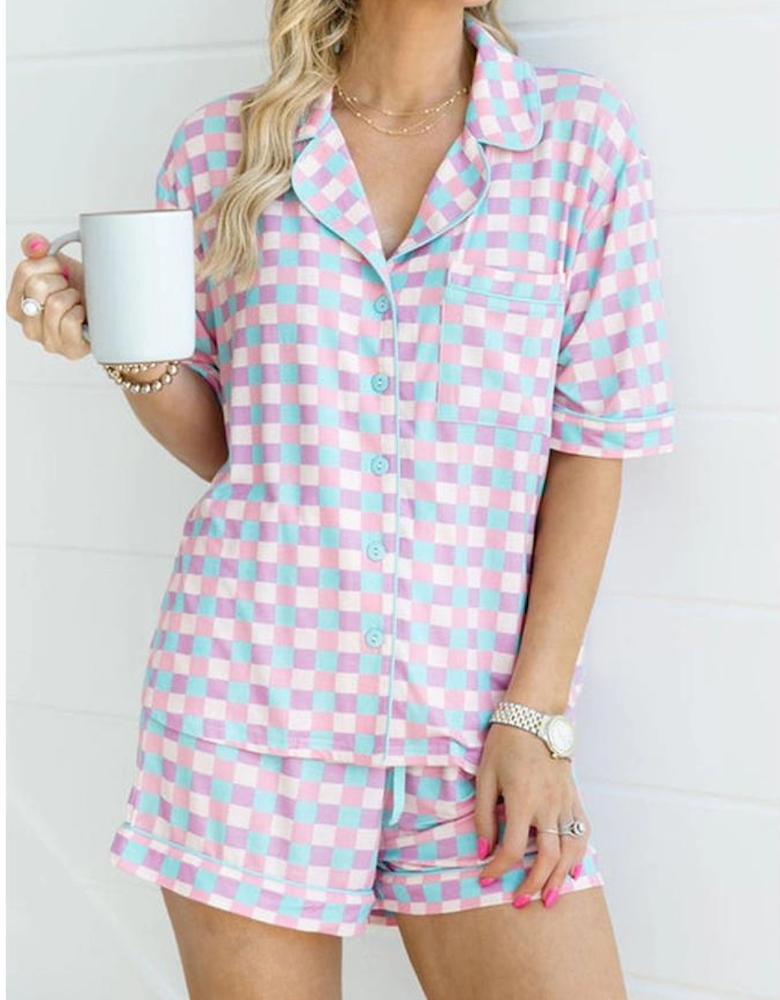 Purple Checkered Pattern Short Sleeve Pajamas Set