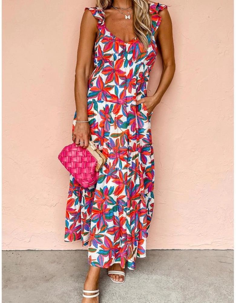 Red Boho Floral Ruffled Strap V Neck Maxi Dress