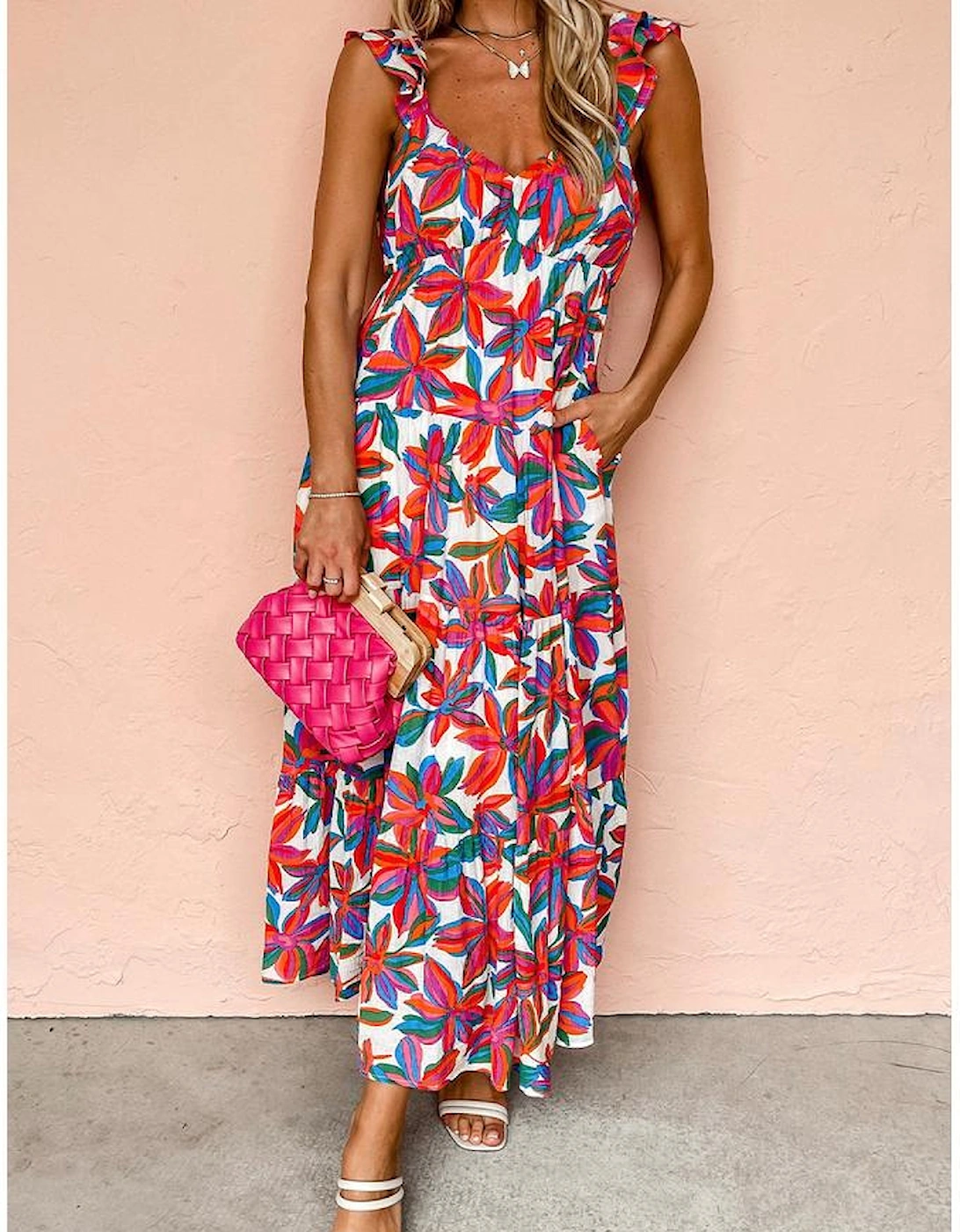 Red Boho Floral Ruffled Strap V Neck Maxi Dress