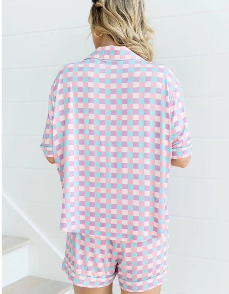 Purple Checkered Pattern Short Sleeve Pajamas Set