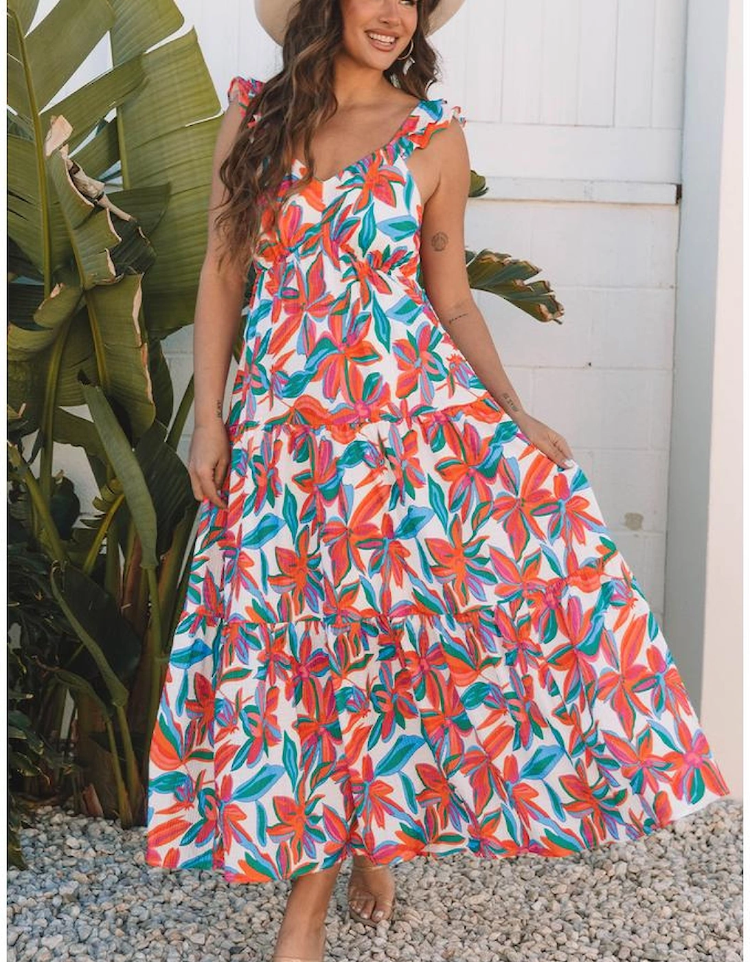 Red Boho Floral Ruffled Strap V Neck Maxi Dress