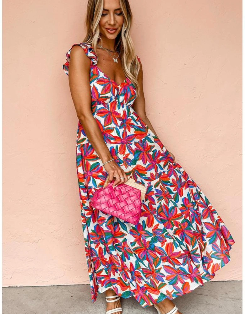 Red Boho Floral Ruffled Strap V Neck Maxi Dress