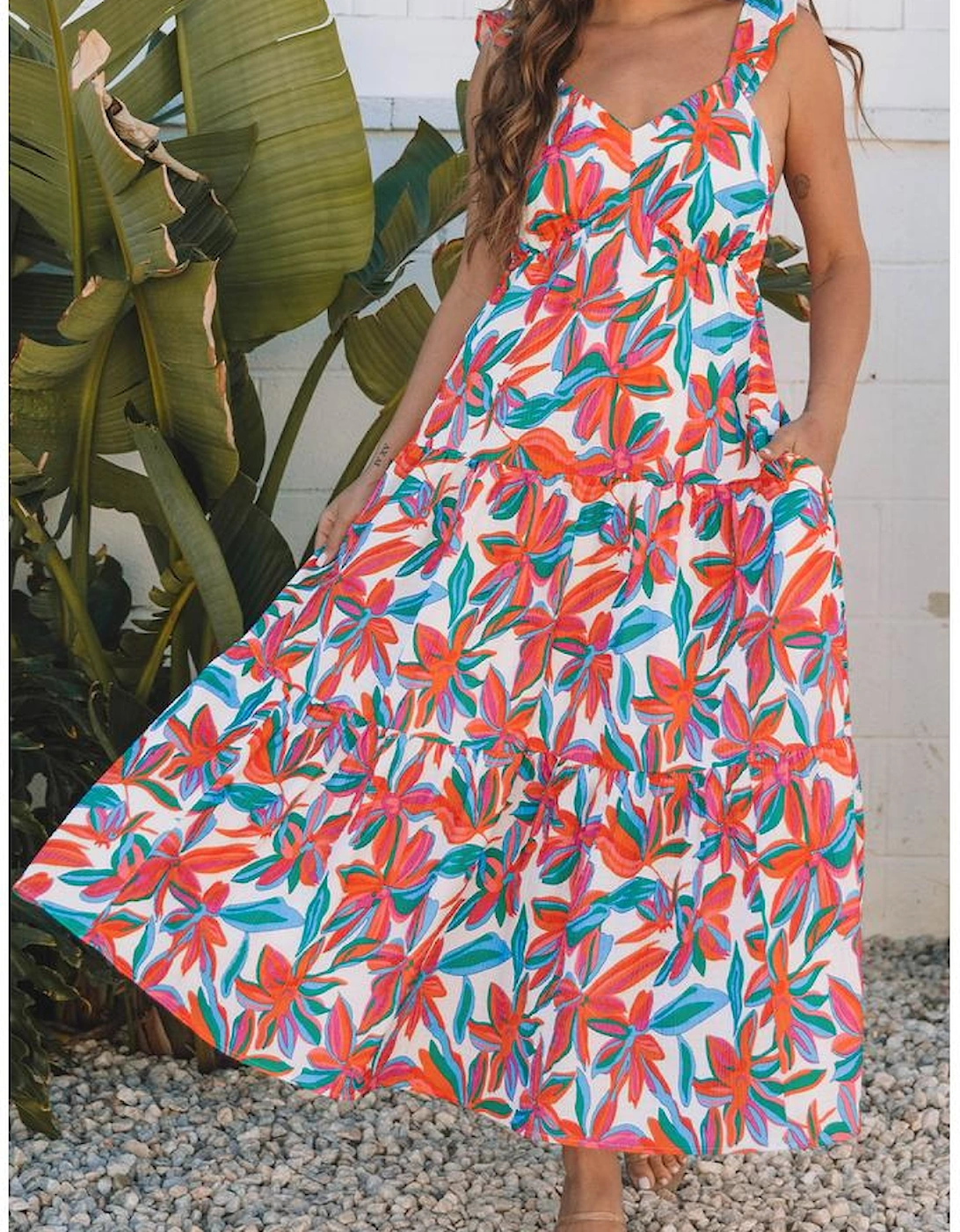 Red Boho Floral Ruffled Strap V Neck Maxi Dress