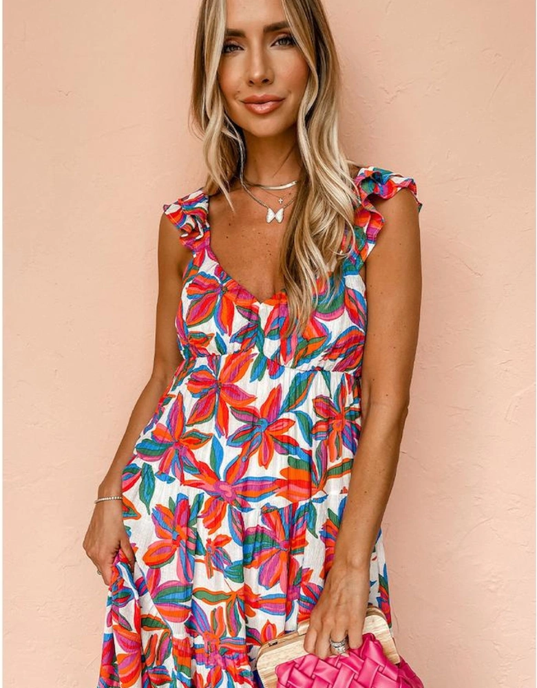 Red Boho Floral Ruffled Strap V Neck Maxi Dress