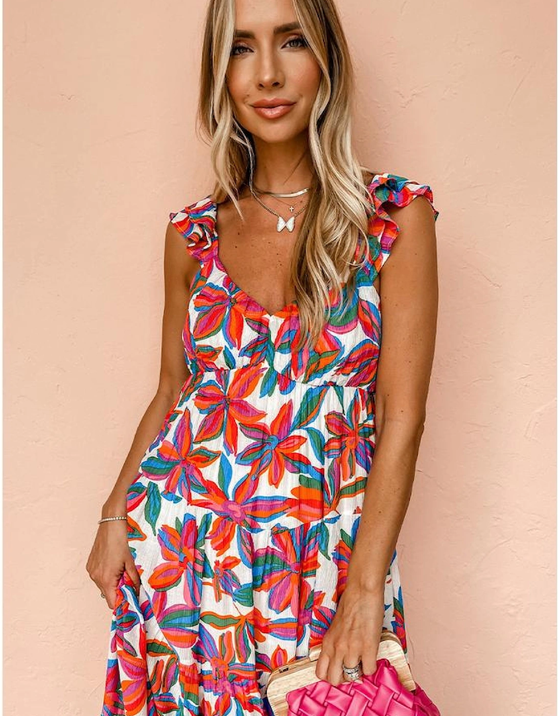 Red Boho Floral Ruffled Strap V Neck Maxi Dress