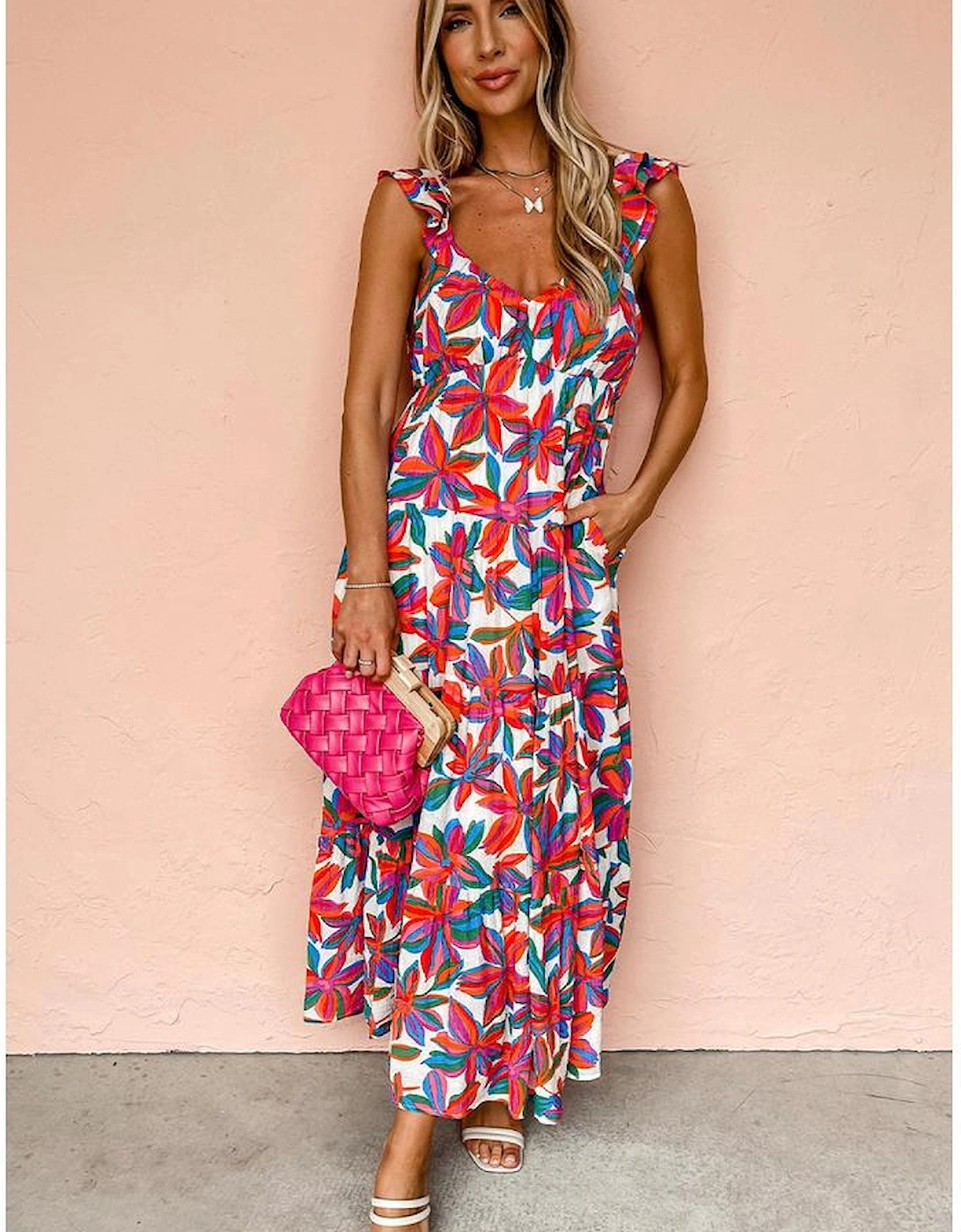 Red Boho Floral Ruffled Strap V Neck Maxi Dress