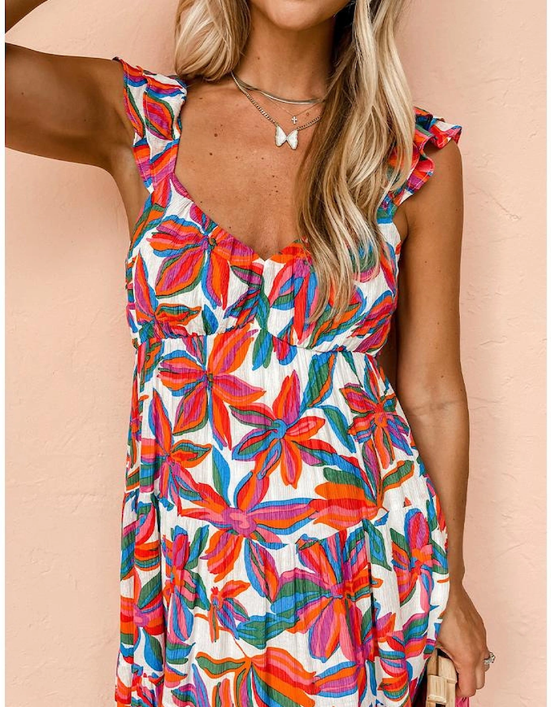 Red Boho Floral Ruffled Strap V Neck Maxi Dress