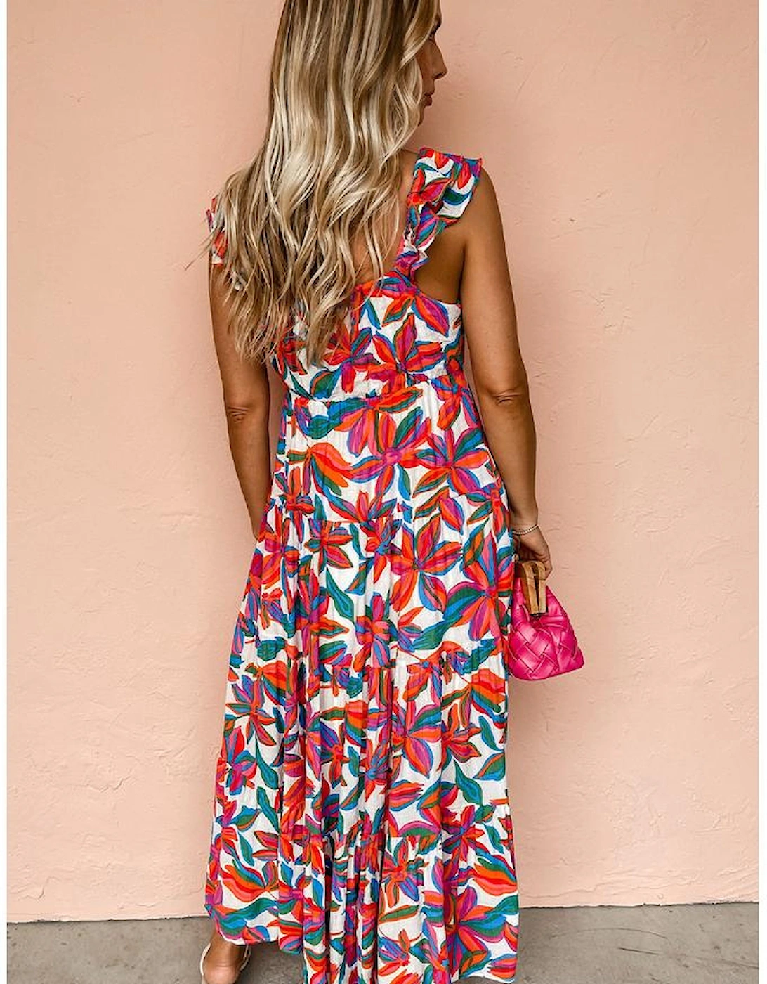 Red Boho Floral Ruffled Strap V Neck Maxi Dress