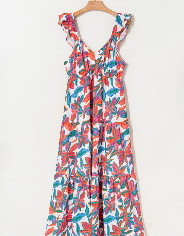 Red Boho Floral Ruffled Strap V Neck Maxi Dress