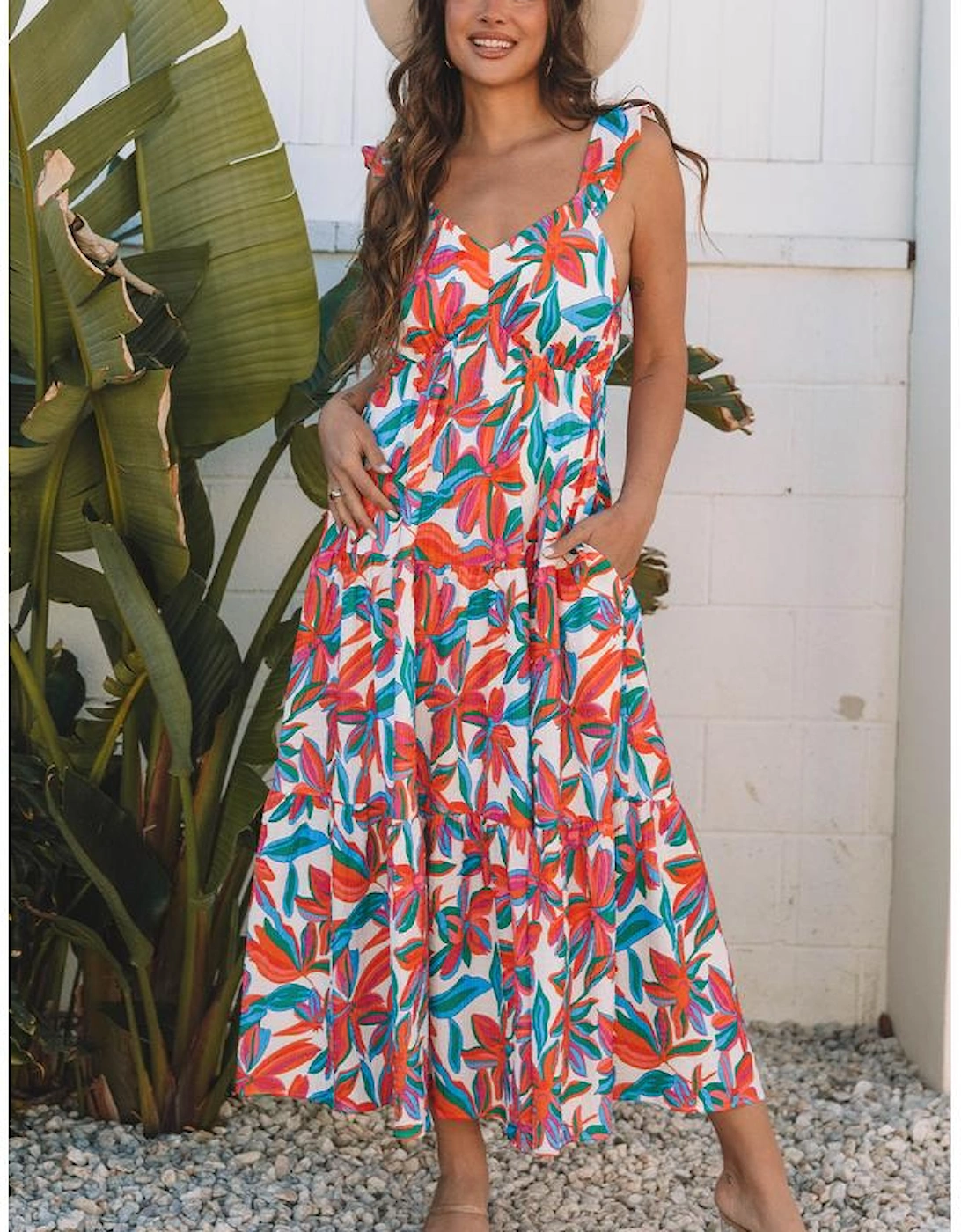 Red Boho Floral Ruffled Strap V Neck Maxi Dress