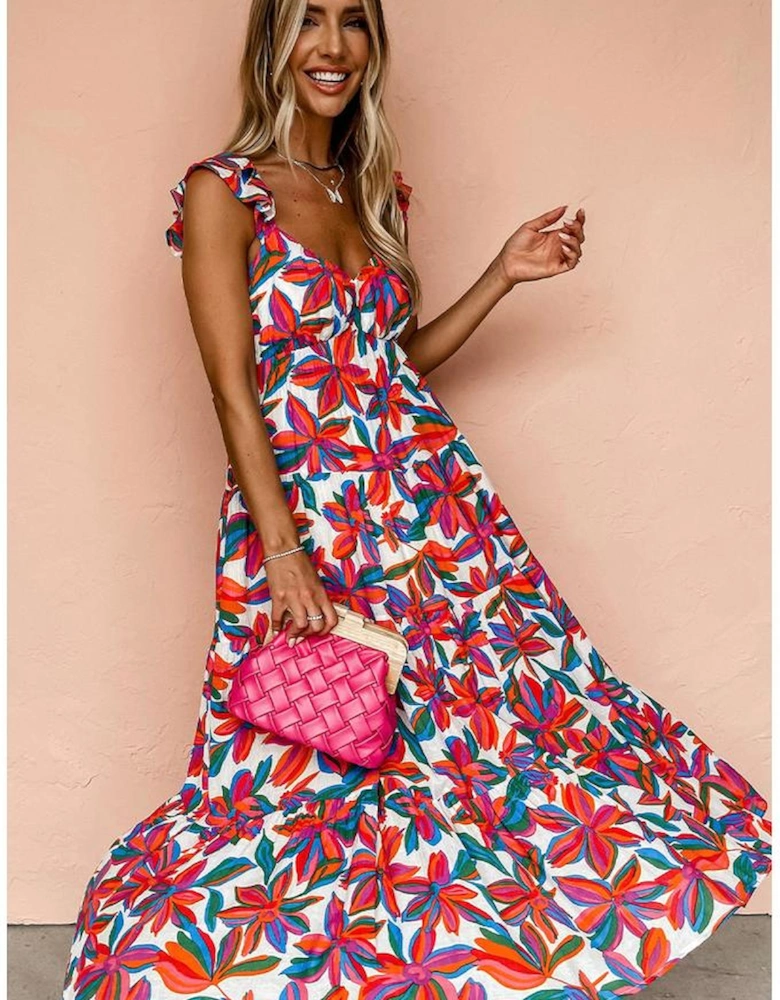 Red Boho Floral Ruffled Strap V Neck Maxi Dress