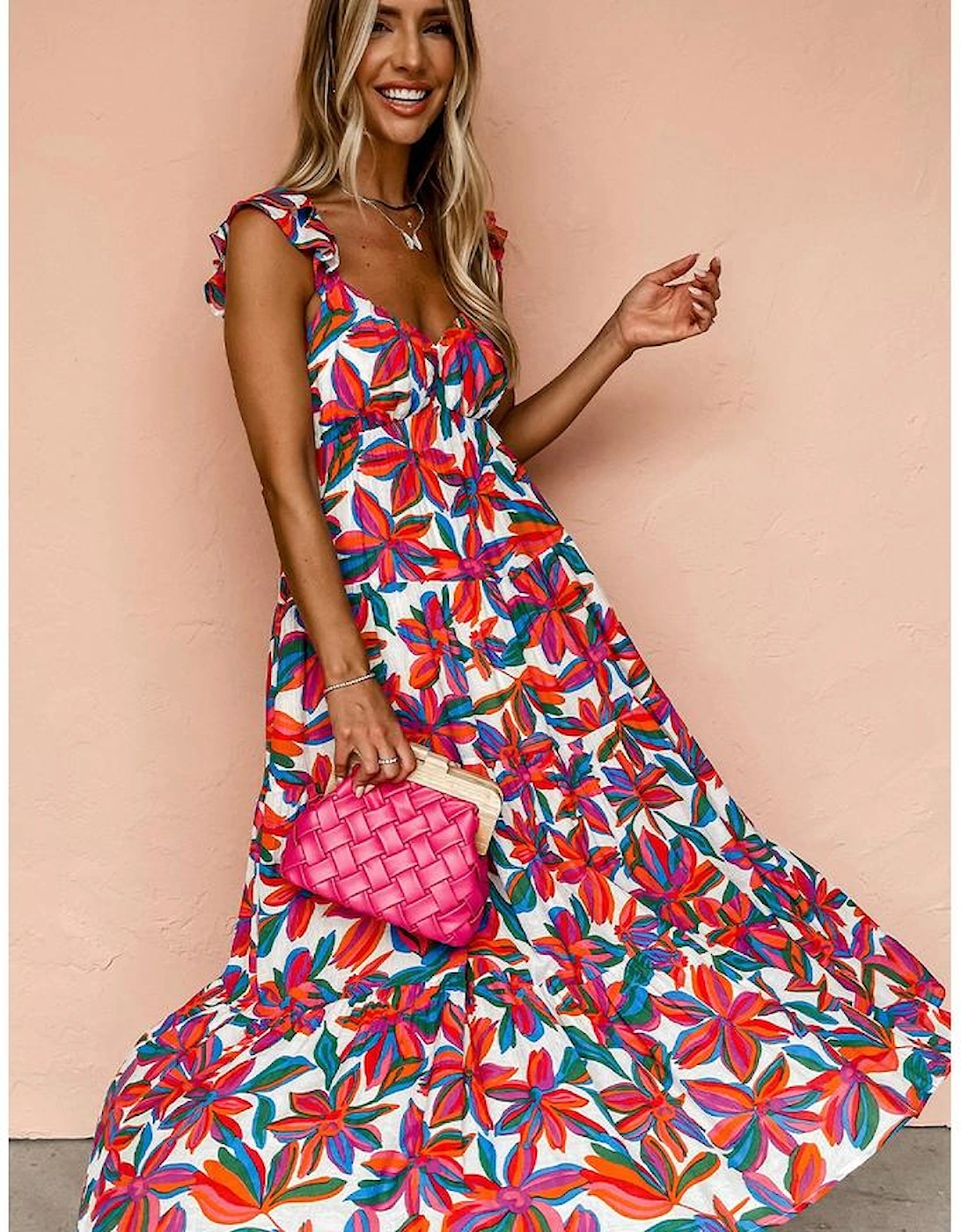 Red Boho Floral Ruffled Strap V Neck Maxi Dress