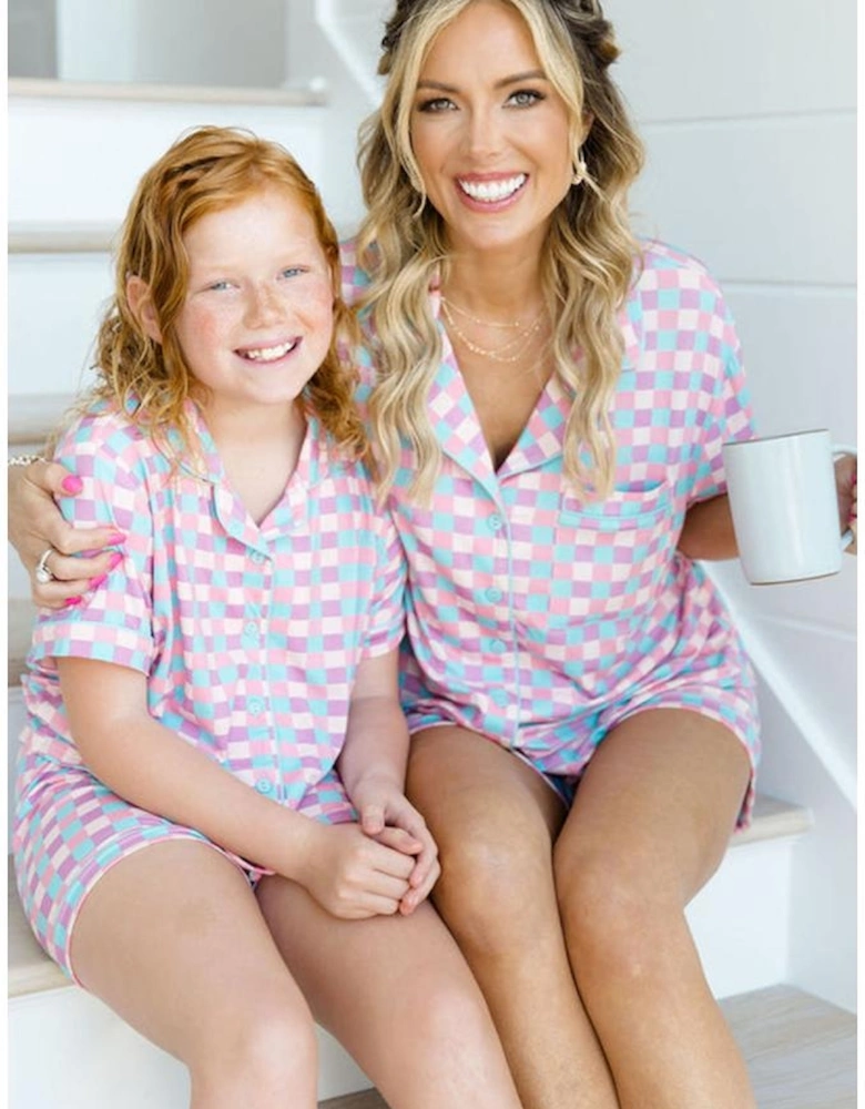 Purple Checkered Pattern Short Sleeve Pajamas Set