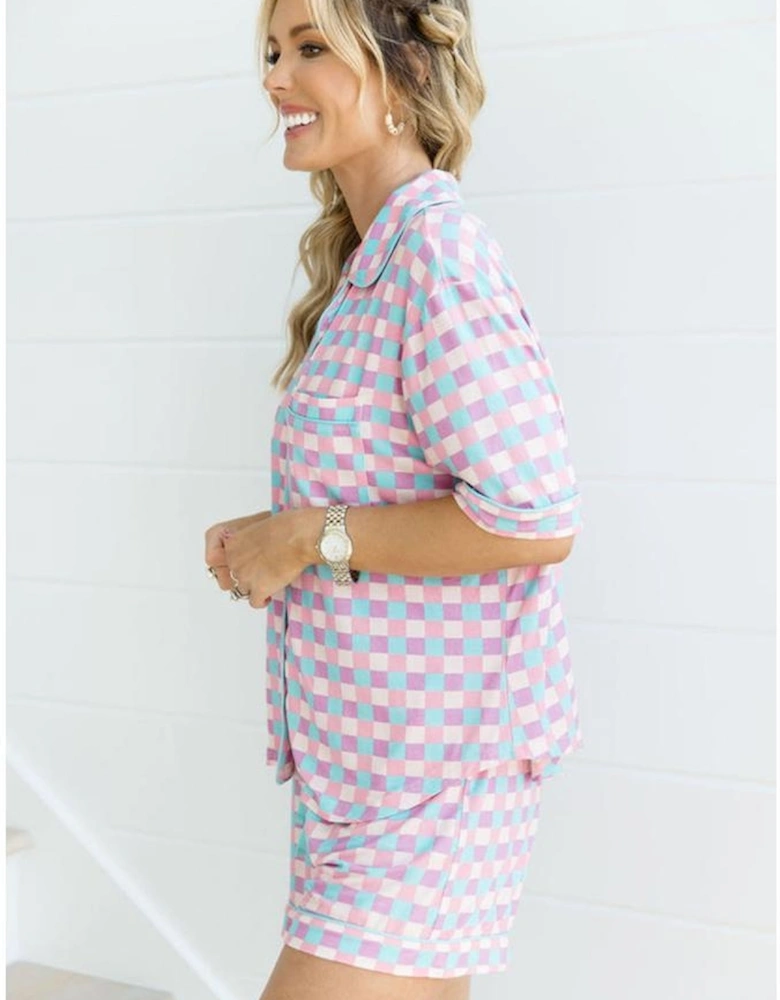 Purple Checkered Pattern Short Sleeve Pajamas Set