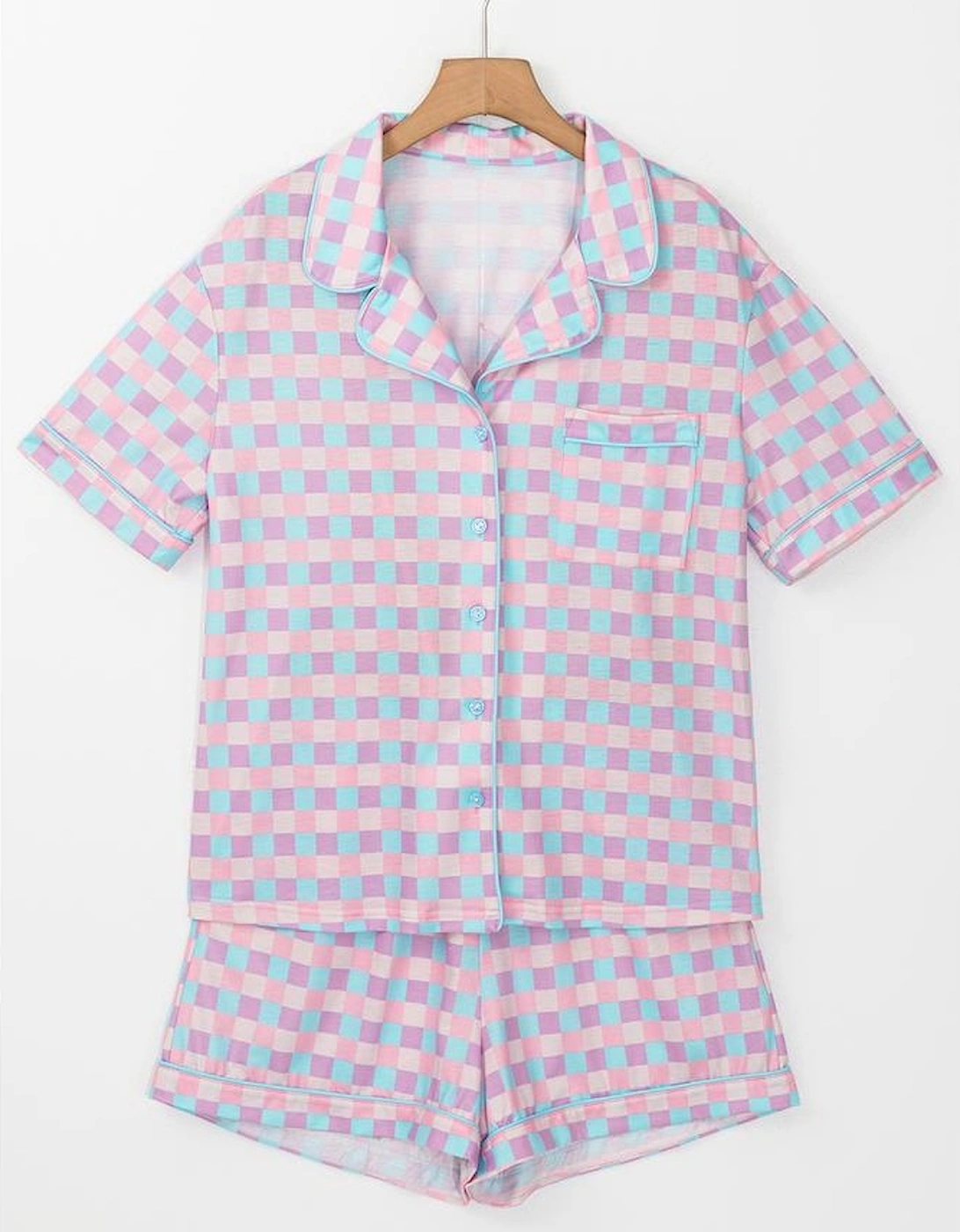 Purple Checkered Pattern Short Sleeve Pajamas Set