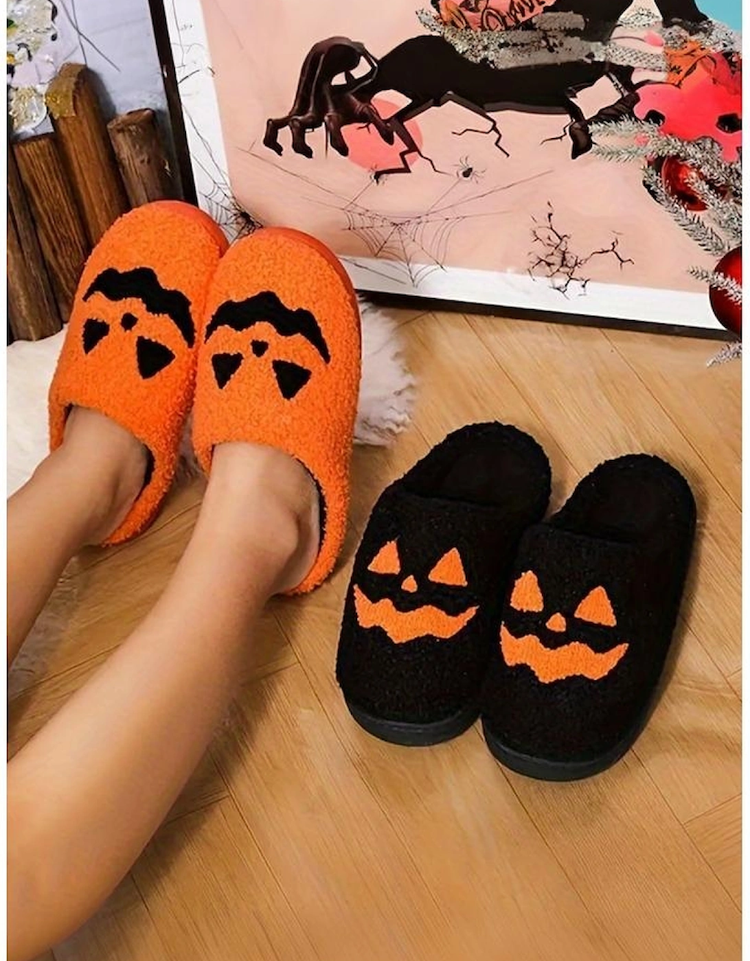 Orange Halloween Pumpkin Face Graphic Plush Slippers
