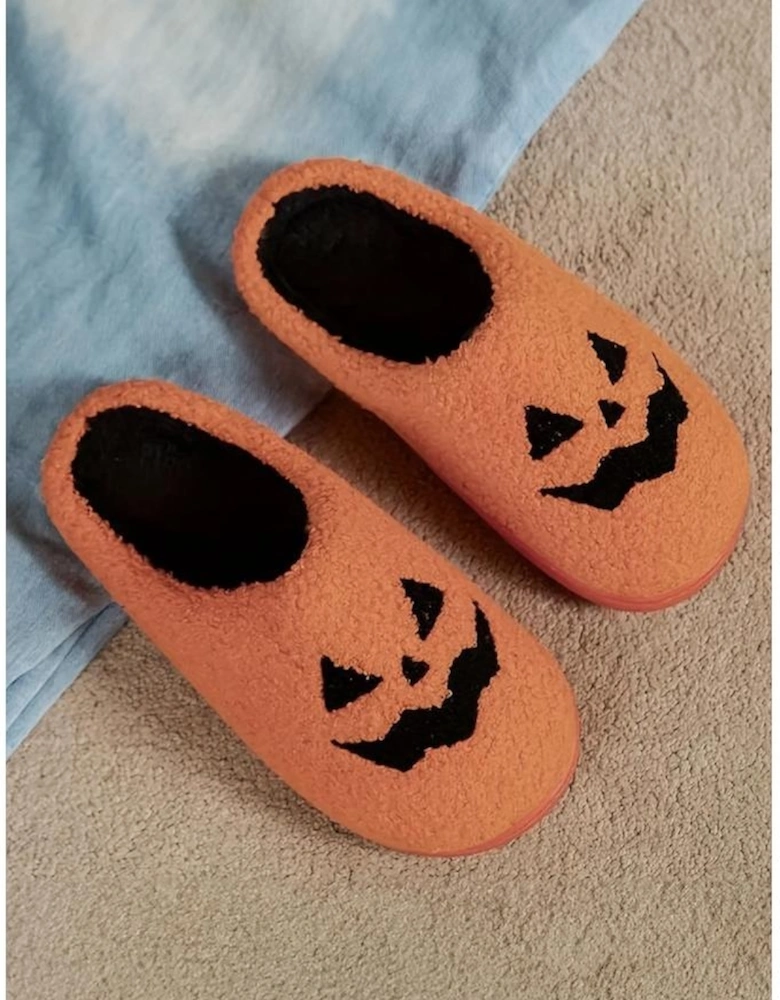 Orange Halloween Pumpkin Face Graphic Plush Slippers