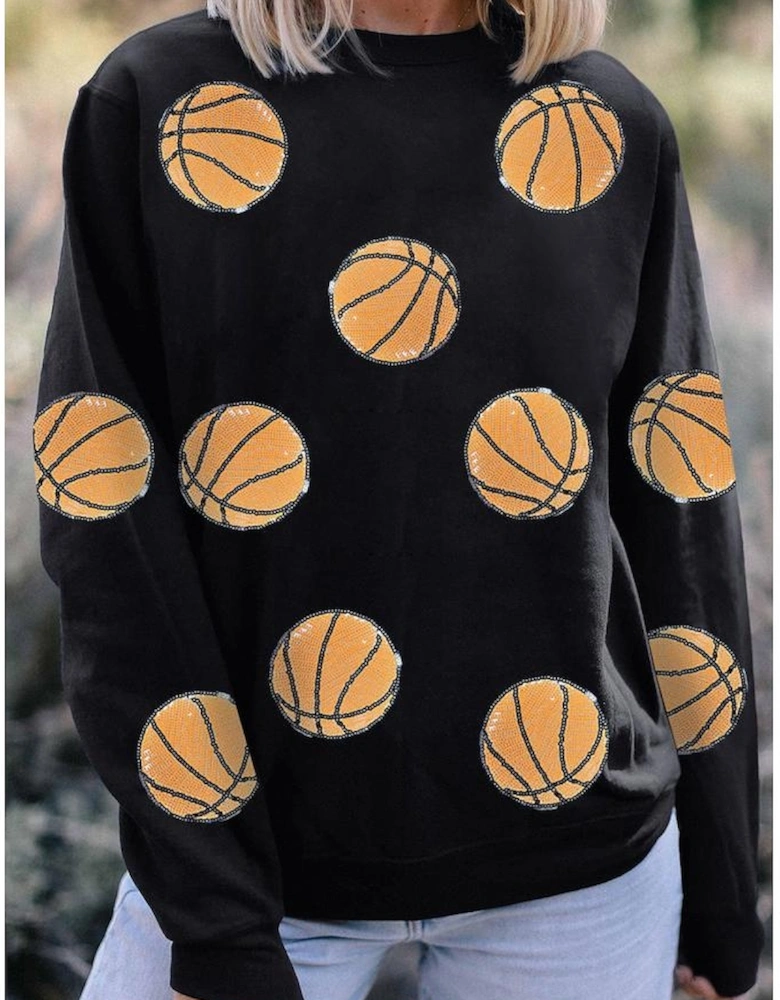 Black Sequin Ball Patched Crewneck Game Day Sweatshirt