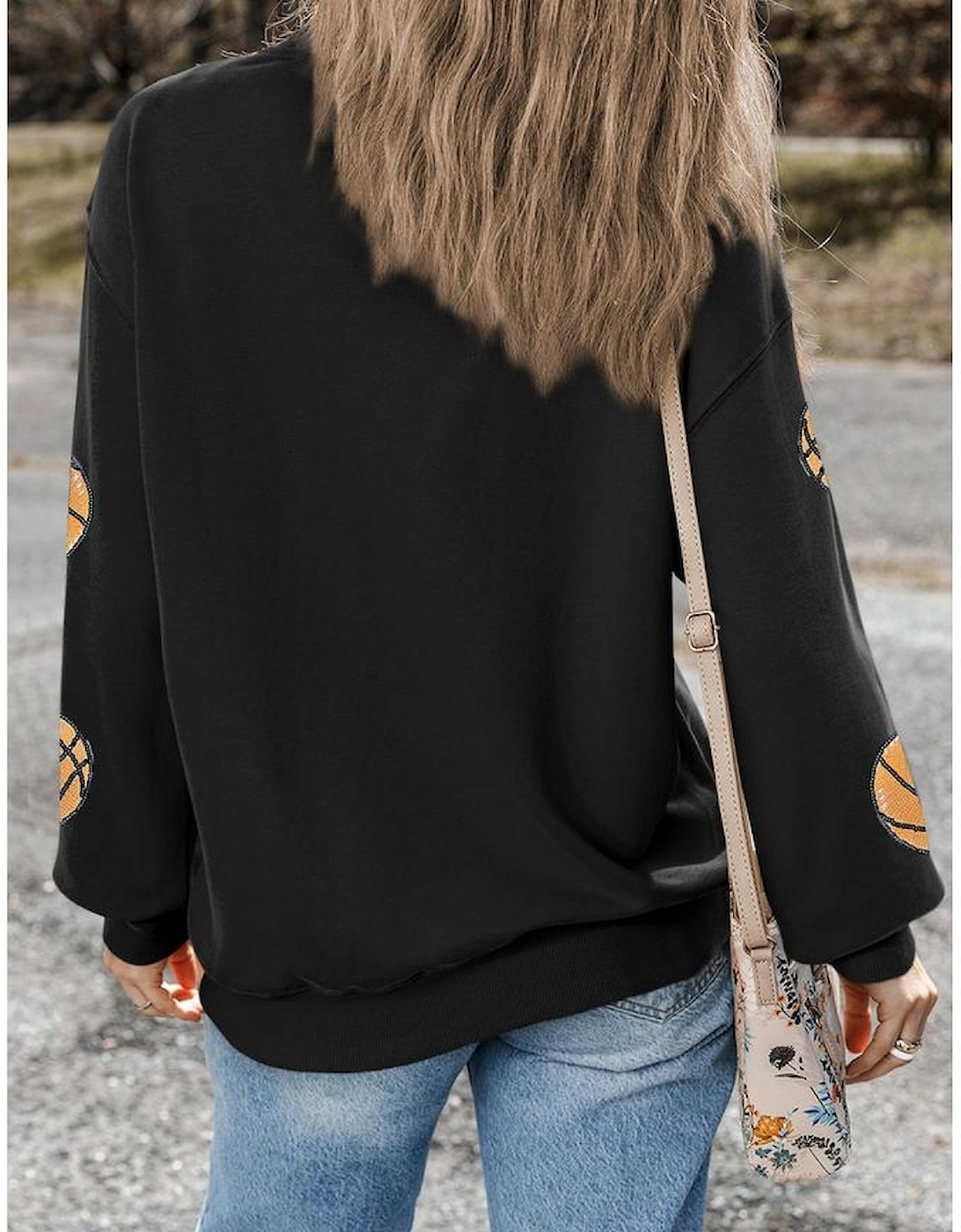 Black Sequin Ball Patched Crewneck Game Day Sweatshirt