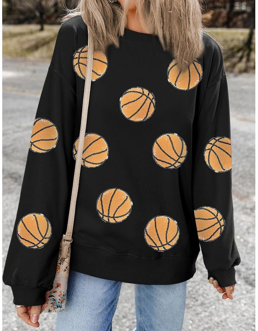 Black Sequin Ball Patched Crewneck Game Day Sweatshirt, 4 of 3