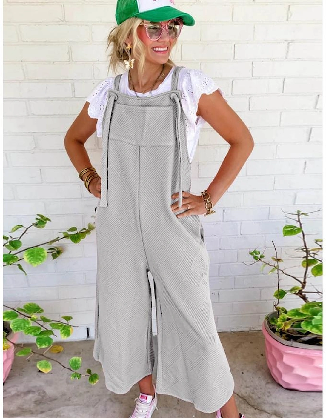 Light Grey Textured Self-Tie Strap Wide-Leg Overalls