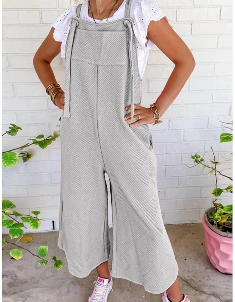 Light Grey Textured Self-Tie Strap Wide-Leg Overalls