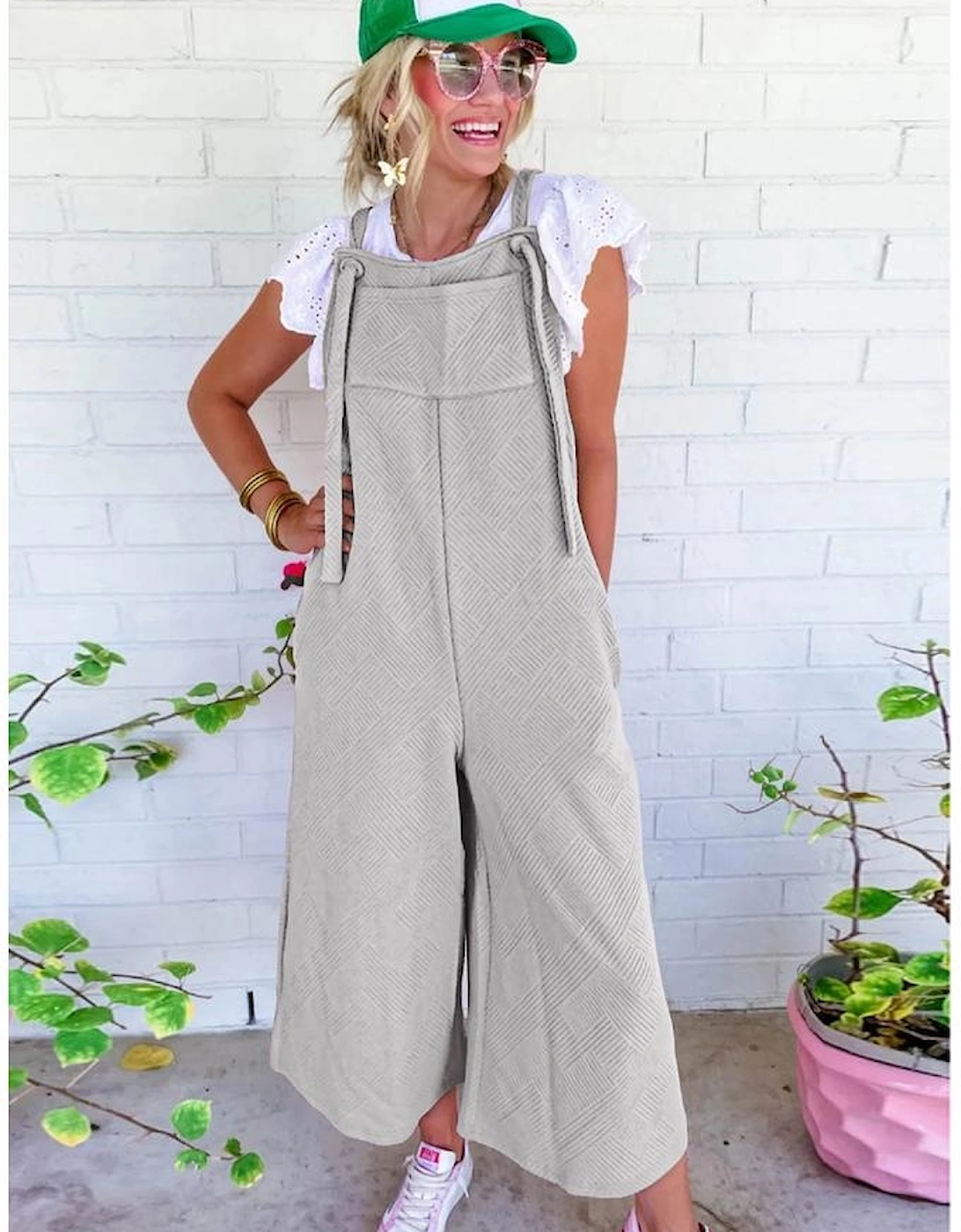 Light Grey Textured Self-Tie Strap Wide-Leg Overalls, 4 of 3
